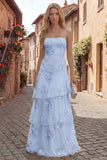 Yellow Tiered A Line Appliqued Maxi Prom Dress