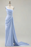 One Shoulder Green Ruched Satin Sheath Long Prom Dress with Slit