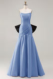 Fuchsia Ruched A Line Strapless Ruched Long Prom Dress with Large Bow