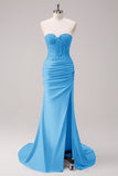 Dark Green Mermaid Strapless Ruched Corset Long Prom Dress with Slit