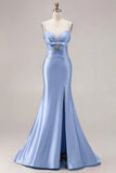 Mermaid Satin Fuchsia Ruched Spaghetti Straps Long Prom Dress with Slit