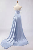Royal Blue A Line Beaded Strapless Ruched Long Prom Dress with Slit