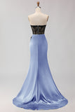 Black Green Mermaid Strapless Lace Ruched Long Prom Dress With Slit