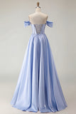 Off the Shoulder Satin Purple A Line Prom Dress
