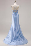 Mermaid Satin Fuchsia Ruched Spaghetti Straps Long Prom Dress with Slit