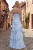Yellow Tiered A Line Appliqued Maxi Prom Dress