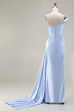 One Shoulder Green Ruched Satin Sheath Long Prom Dress with Slit