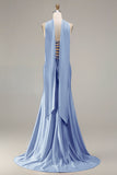 Champagne Beaded Neck Scarf Mermaid Prom Dress