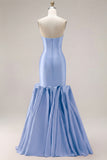 Mermaid Fuchsia Satin Strapless Long Prom Dress with 3D Flowers