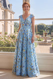 Green A Line V-Neck Floral Mum of the Bride Dress