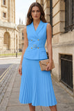 Peaked Lapel A Line 2 Piece Ivory Work Dress with Belt