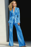 Silver Sequined Peak Lapel Women Prom Suits With Sash
