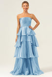 Blue A-Line Strapless Tiered Pleated Ruffled Floor Length Dress