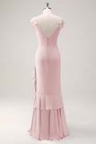 Dusty Sage Sheath V Neck Chiffon Long Bridesmaid Dress with Ruffles