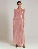 Olive Velvet Long Sleeve A Line Formal Dress