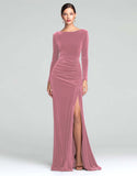 Burgundy Velvet Long Sleeve Holiday Party Dress with Slit