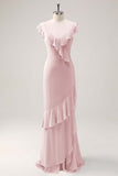 Dusty Sage Sheath V Neck Chiffon Long Bridesmaid Dress with Ruffles