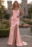 Burgundy Mermaid Spaghetti Straps Satin Long Prom Dress