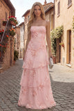 Yellow Tiered A Line Appliqued Maxi Prom Dress