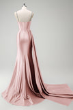 Sparkly Dark Green Mermaid Side Streamer Sequins Corset Satin Prom Dress with Slit