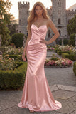 Sweetheart Mermaid Burgundy Ruched Satin Long Prom Dress