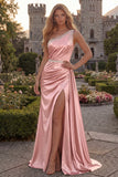 One Shoulder Burgundy Beaded Mermaid Long Prom Dress with Slit