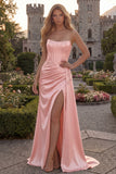 Strapless Appliqued Burgundy Corset Mermaid Long Prom Dress with Slit