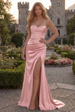 Sweetheart Burgundy Mermaid Ruched Long Prom Dress with Slit
