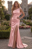 Burgundy One Shoulder Mermaid Ruched Long Prom Dress with Slit