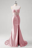 Blue Mermaid Strapless Corset Floral Long Prom Dress With Slit