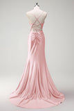Black Mermaid Beaded Corset Satin Long Prom Dress with Slit