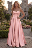 Burgundy Strapless A Line Satin Long Prom Dress