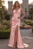Burgundy V Neck Mermaid Ruched Long Prom Dress with Slit