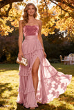 Strapless Khaki A Line Tiered Long Wedding Guest Dress With Slit