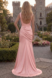 Burgundy V Neck Mermaid Ruched Long Prom Dress with Slit
