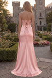 Strapless Appliqued Burgundy Corset Mermaid Long Prom Dress with Slit