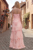 Yellow Tiered A Line Appliqued Maxi Prom Dress