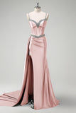 Sparkly Dark Green Mermaid Side Streamer Sequins Corset Satin Prom Dress with Slit