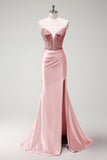 Black Mermaid Beaded Corset Satin Long Prom Dress with Slit