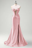 Dark Green Mermaid Strapless Beaded Corset Keyhole Satin Prom Dress with Slit
