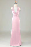 Dark Green Halter V Neck Open Back Satin Mermaid Long Bridesmaid Dress