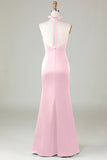 Dark Green Halter V Neck Open Back Satin Mermaid Long Bridesmaid Dress