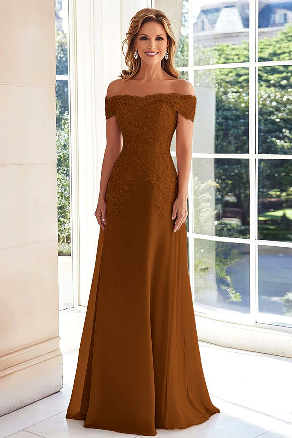 WEDTREND Woman Elegant Taupe Mother of the Bride with Lace Appliques Off the Shoulder Chiffon Sheath Long Formal Dress Wedtrend UK WEDTREND Woman Elegant Taupe Mother of the Bride with Lace Appliques Off the Shoulder Chiffon Sheath Long Formal Dress Wedtrend UK