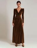 Olive Velvet Long Sleeve A Line Formal Dress