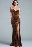 Burgundy Velvet Spaghetti Straps Mermaid Holiday Party Dress with Slit