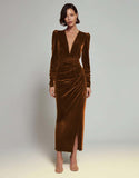 Olive Velvet V Neck Bodycon Midi Formal Dress