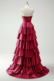 Green Princess Sweetheart Satin Tiered Long Corset Prom Dress with Slit