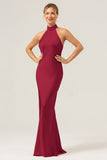 Dark Green Sheath High Neck Halter Backless Long Satin Bridesmaid Dress with Slit