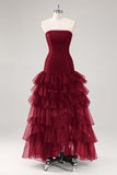 Black Strapless Tiered Tulle Ruffles Evening Dress