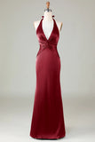 Dark Green Halter V Neck Open Back Satin Mermaid Long Bridesmaid Dress